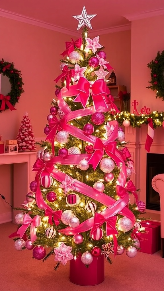 A charming pink-themed Christmas tree with ornaments and lights in a cozy living room.